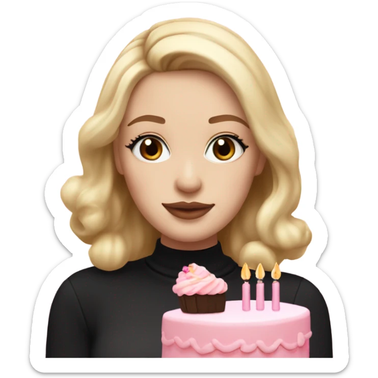 White girl with blonde medium length straight hair, pink lips, dark eyes, black turtleneck, white and pink birthday cake in hands sticker