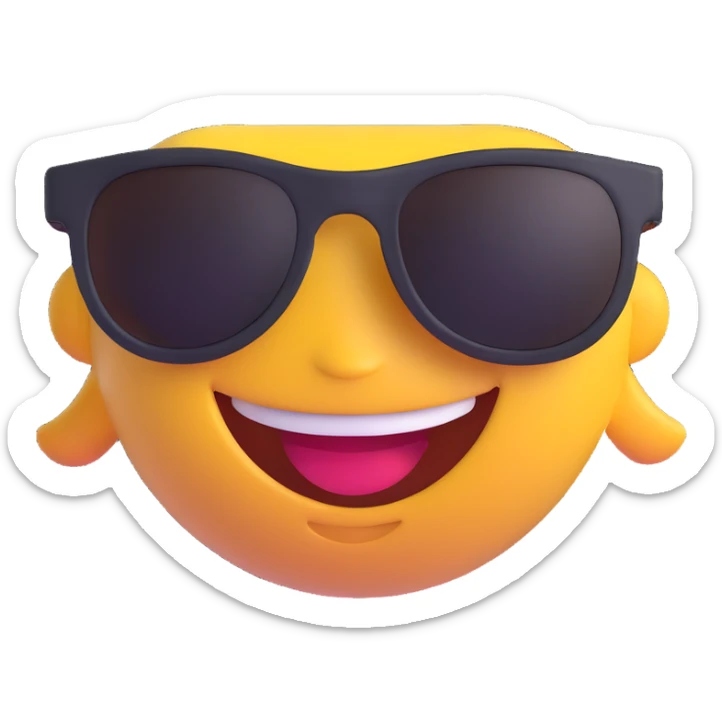3D emoji of a person with a big smile and sunglasses, joyful expression, 'Enjoy' style sticker