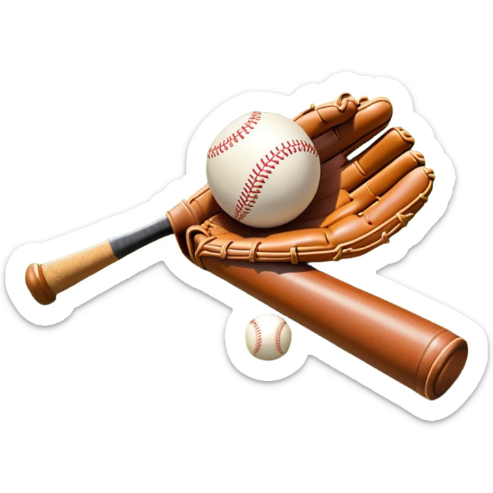 A baseball bat, ball, and glove placed on the grass of a baseball field, with the diamond and base lines clearly visible in the background. The scene captures the essence of the sport, with the equipment ready for action on the neatly marked field. sticker