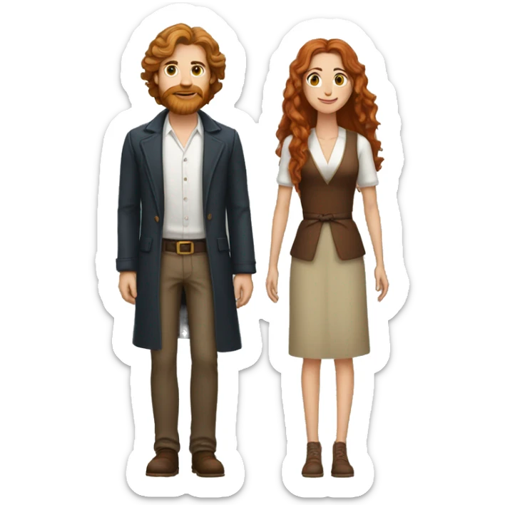 Tall white man with long brown hair and beard an woman with long reddish hair sticker
