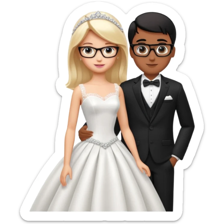 pretty light blonde girl barbie wedding to boy nerd with short black hair and dark tan skin sticker
