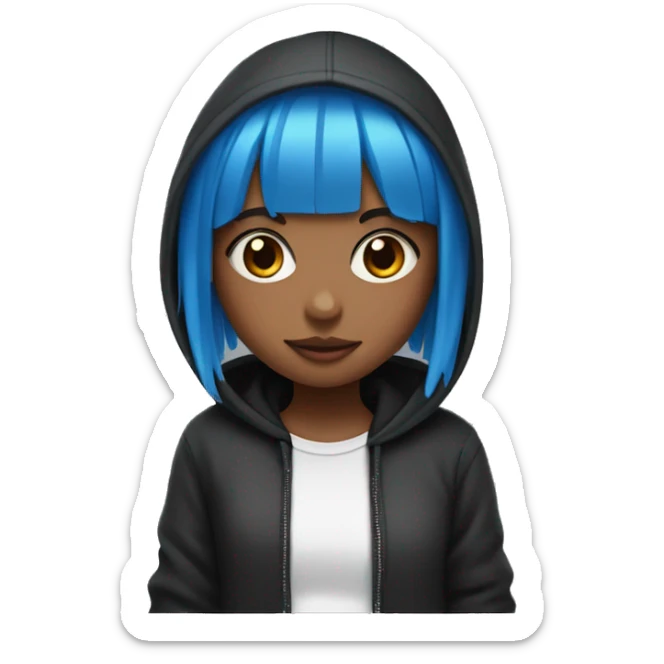Girl with a blue bang and pink strands and a black hoodie with white strings sticker