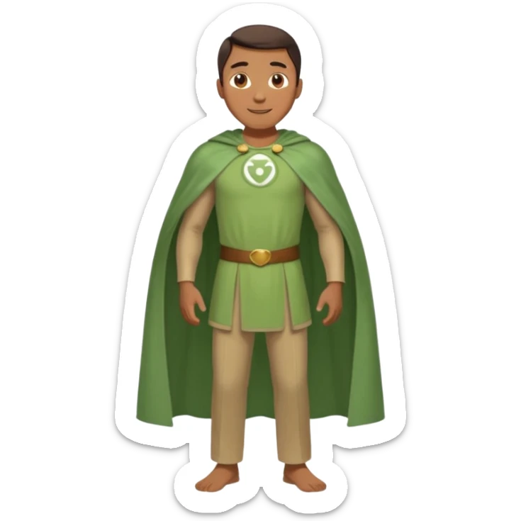 standing up healthy perfect man in simple greenish tunic cape and pants smiling sticker