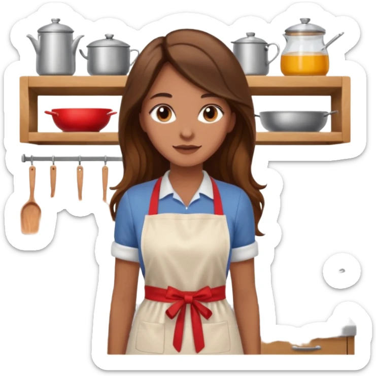 Woman with long brown hair wearing apron in kitchen sticker