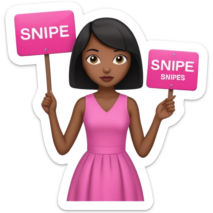 Dark skin woman with black bob in hair holding sign that says snipe  wearing pink dress  pink sign  sticker