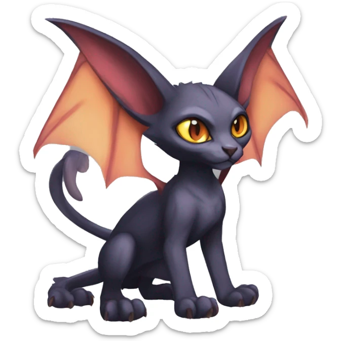 Black cool vampiric Noivern-Litten-Sphynx-Lykoi-Caracal-Fakemon with big bat ears full-body sticker