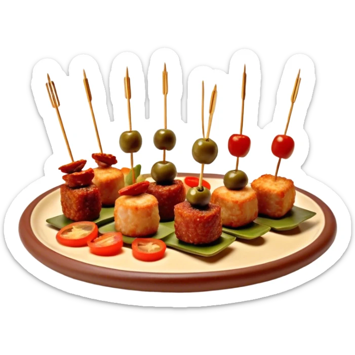 Tapas (4 Pintxos) Cinematic Realistic Tapas Dish Emoji, depicted as an assortment of 4 pintxos elegantly arranged on a plate, rendered with lifelike textures and vibrant, inviting lighting. sticker