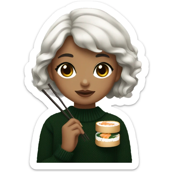 A girl with medium skin tone, dark brown short wavy hair, dark brown eyes, black nails, dark green sweater, black nails, eating sushi with chopsticks sticker