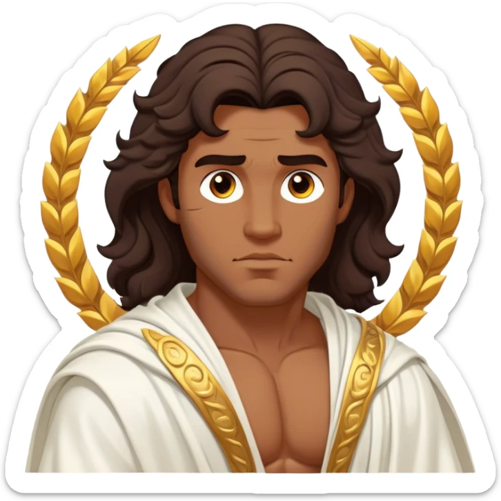 Cinematic Realistic Hercules Portrait, depicted as a classical Greek hero inspired by the Disney version yet echoing the refined proportions and serene dignity of Michelangelo's David. His idealized, sun-kissed bronze skin glows with timeless strength, and his thick, wavy dark hair falls in natural, sculpted curls. Draped in a flowing white robe with delicate golden accents, his expressive eyes radiate determined nobility, all rendered under dynamic natural lighting with a mythic, radiant glow. sticker
