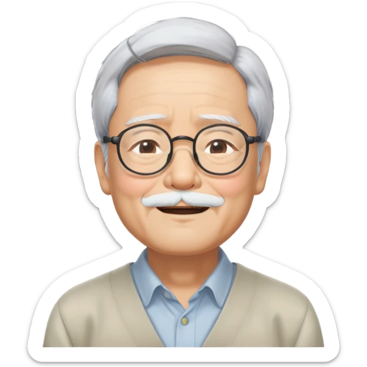 _cinematic-realistic-portrait-of-hayao-miyazaki,-depicted-with--large-rectangular-glasses,-his-happy-expression-rendered-in-lifelike-detail,-illuminated-with-soft,-realistic-lighting-that-emphasizes-his-creative-genius, his eyes shut  closed because of his large smile. eyes are shut sticker