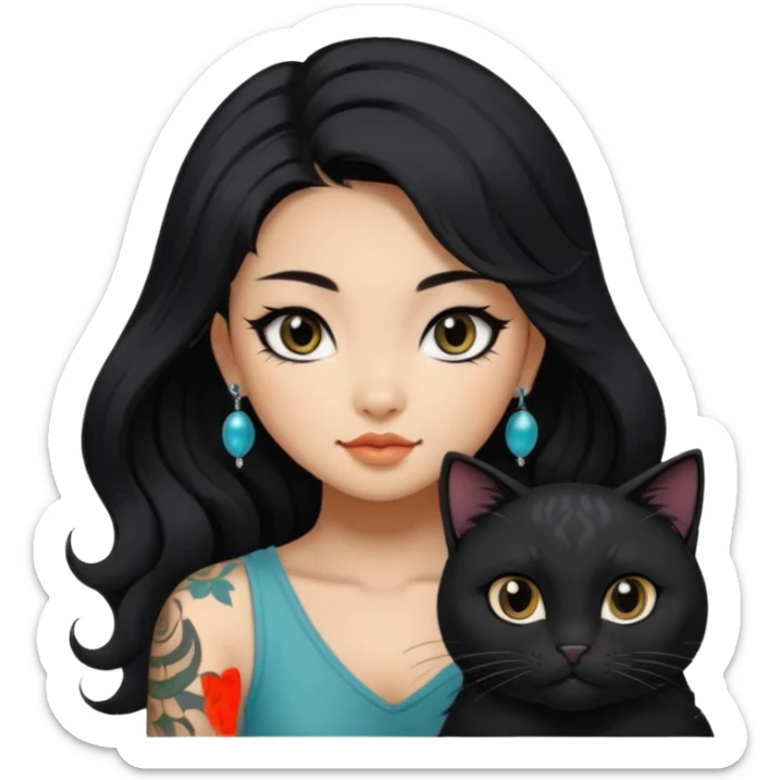 a pretty beautiful Chinese girl with long black  Big Wave hair and tattoos and a black round faced cat and black eyes sticker