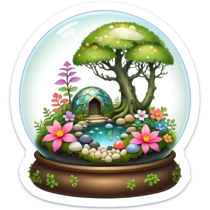 Sparkly shiny iridescent Mystical woodland glass-dome-terrarium-globe with moss inside, with marbles, with pebbles, crystals, with bones inside, and flowers inside  sticker
