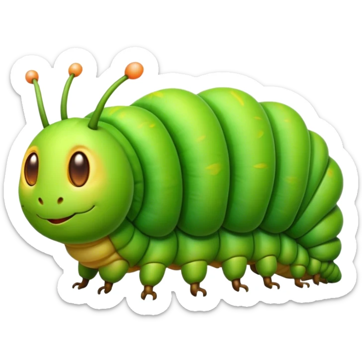 Cinematic Noble Caterpillar Portrait Emoji, Poised and vibrant, with a segmented, gently curving body adorned in bright, lively hues and delicate, inquisitive eyes, Simplified yet charmingly detailed features, highly detailed, glowing with a soft, verdant radiance, high shine, intelligent and resilient, stylized with an air of natural transformation, focused and curious, soft glowing outline, capturing the essence of a watchful caterpillar that appears ready to inch out of the screen with gentle determination! sticker