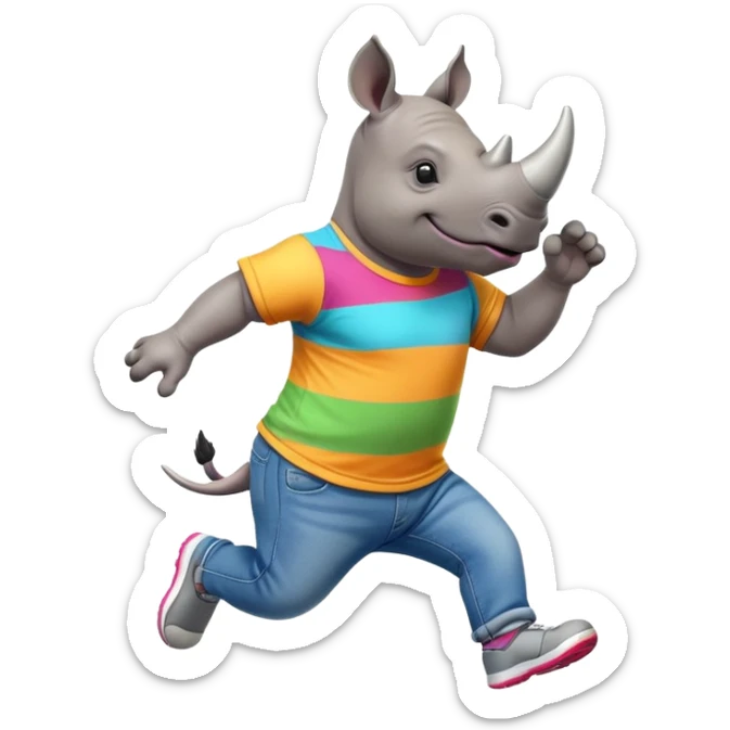 friendly anthropomorphised rhino in jeans and colourful t-shirt, wearing dark sunglasses, jogging upright, jumping with excitement, standard pose sticker