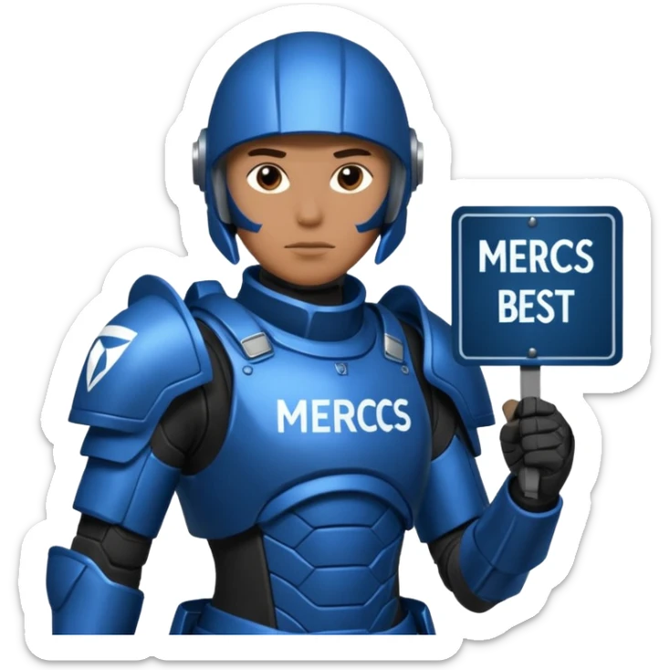a scifi soldier in blue and black holding a sign saying Mercs, under this scifi in blue and black holding a sign is the text we are the best. in gif sticker