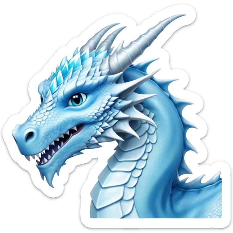 Cinematic Noble elegant Ice Dragon Portrait Emoji, Poised and imposing, distinct long elegant snout, with a slender, scaled body shimmering in glacial hues of icy blue, frostbitten silver, and crystalline white, breathing out frost, with piercing, glowing ice blue white eyes that radiate the chilling depths of an arctic storm; rendered in detail. sticker