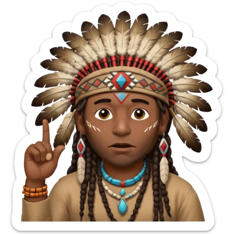 Black American man dark brown with dreads with a American Indian headdress with one finger pointing at his mouth with a yea he lying face sticker