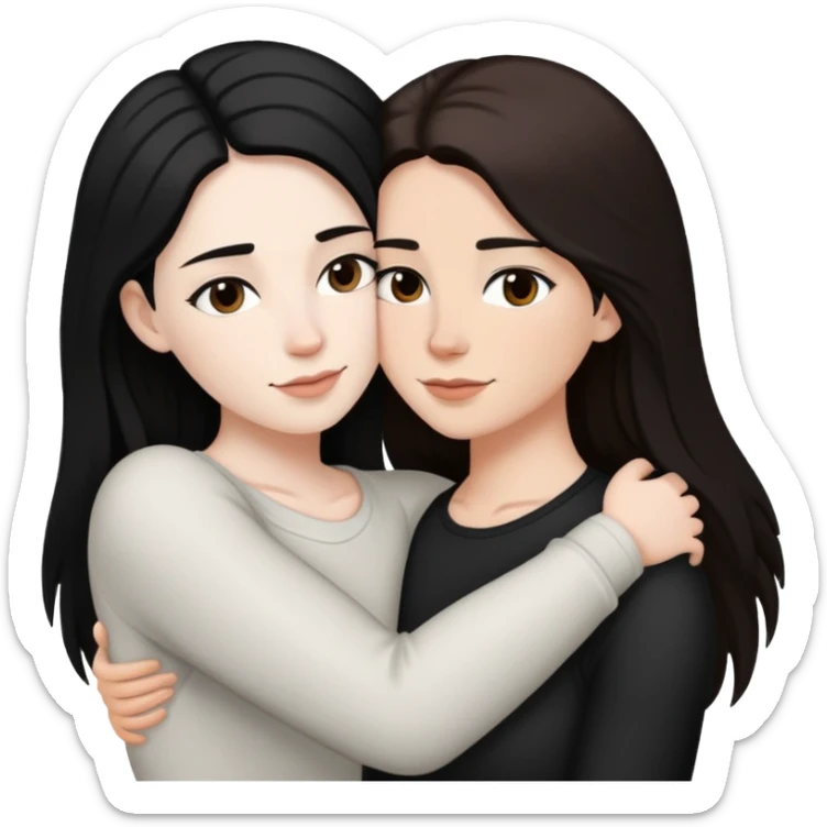 A lesbian couple with white skin and long black and brown hair hugging intimately sticker