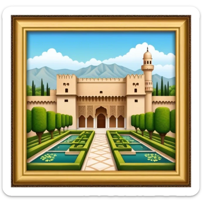 Cinematic Realistic Alhambra Landmark Emoji, showcasing the ornate historic palace with lush gardens rendered with rich textures and soft, majestic lighting. sticker