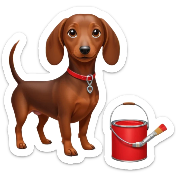 Brown dachshund with high heels on, walking on a busy NYC street, holding a red paint can and paint brush. sticker