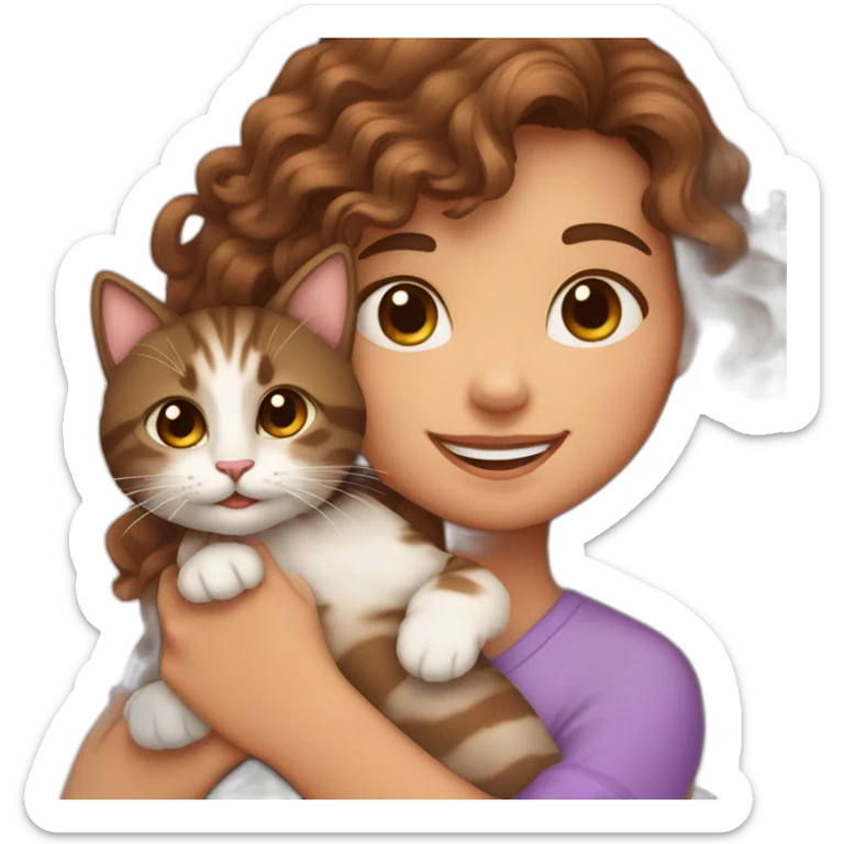 Girl long curly brown hair smiling et tenant brown eyes and holding a cat in her arms sticker