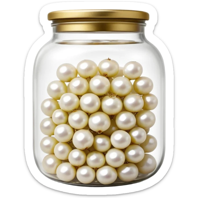 clear glass jar filled with small white pearl onions submerged in clear brine, rounded jar with metal lid, tightly packed contents visible through transparent sides, onions smooth glossy slightly translucent, no label no fork no garnish, closed jar, soft lighting, subtle shadows, emoji scale sticker