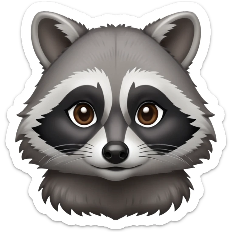 Cinematic-Noble-Raccoon-Portrait-Emoji – Poised and confident, with a sturdy build and a beautifully textured fur of silver-grey accented by dark black facial markings, deep-set, intelligent brown eyes, simplified yet sharp and sophisticated. sticker