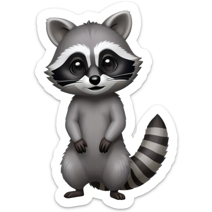 Cinematic-Raccoon-Realistic-Full-Body-Standing on all fours-Emoji – Tail flicking lazily, head tilted dramatically, thick grey fur with a signature black mask, sharp and alert ears, simplified yet realistic focused features, highly detailed, glowing with an almost sarcastic glow. sticker