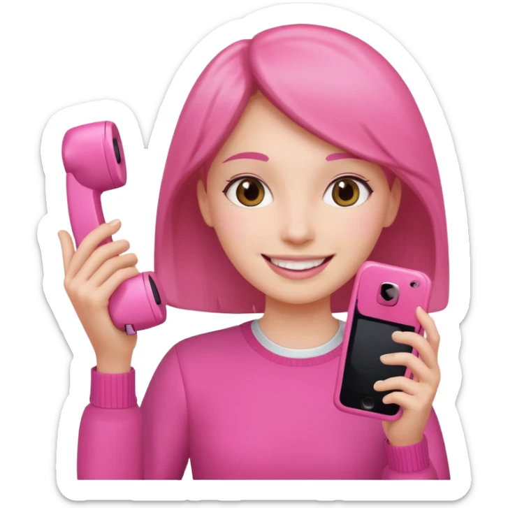 pink video call between one person holding the phone with a person on the phone screen sticker