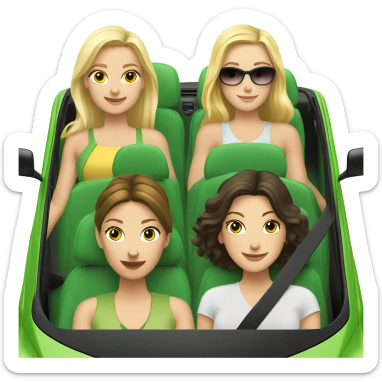 Two Caucasian blonde girls and two Caucasian brunette girls riding in a green volkswagen convertible sticker