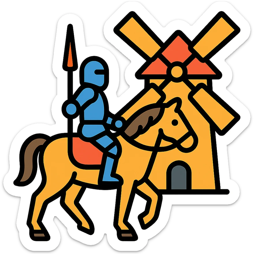 knight on horseback in front of windmill, color outline icon style, clean lines, colorful sticker