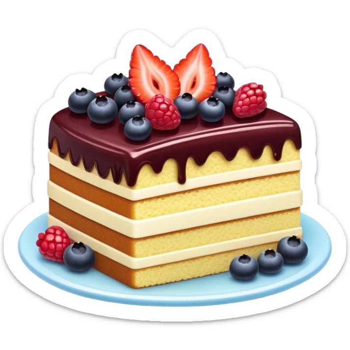 Cinematic luxurious slice of cake, delicate layers of moist sponge and rich frosting, beautifully decorated with fresh berries and a glossy glaze, soft glowing light, elegant and indulgent. sticker