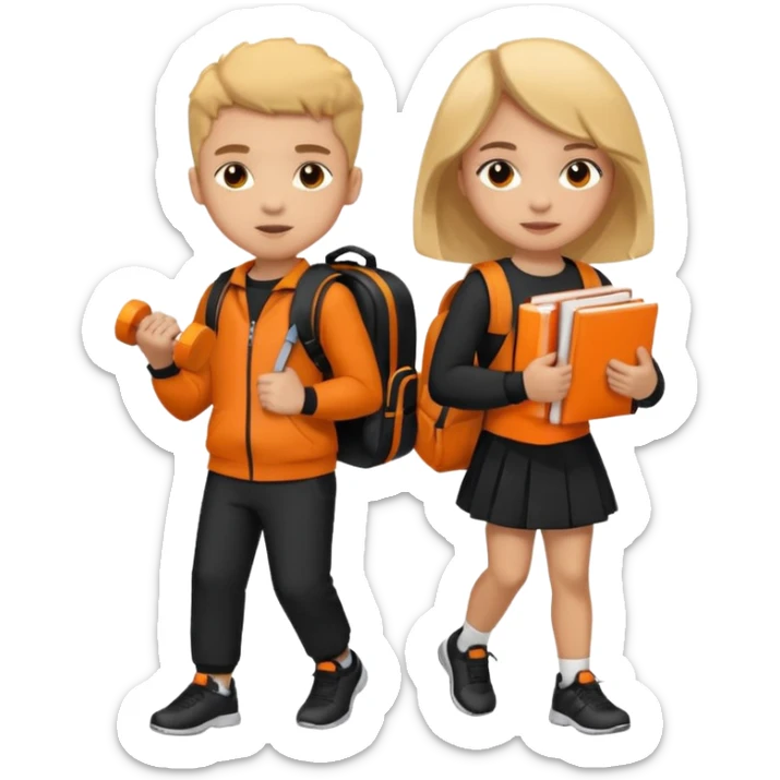 light skin students girl and boy with school bag full of books on back and dumbell in hand. Clothes are in black and orange colours  sticker