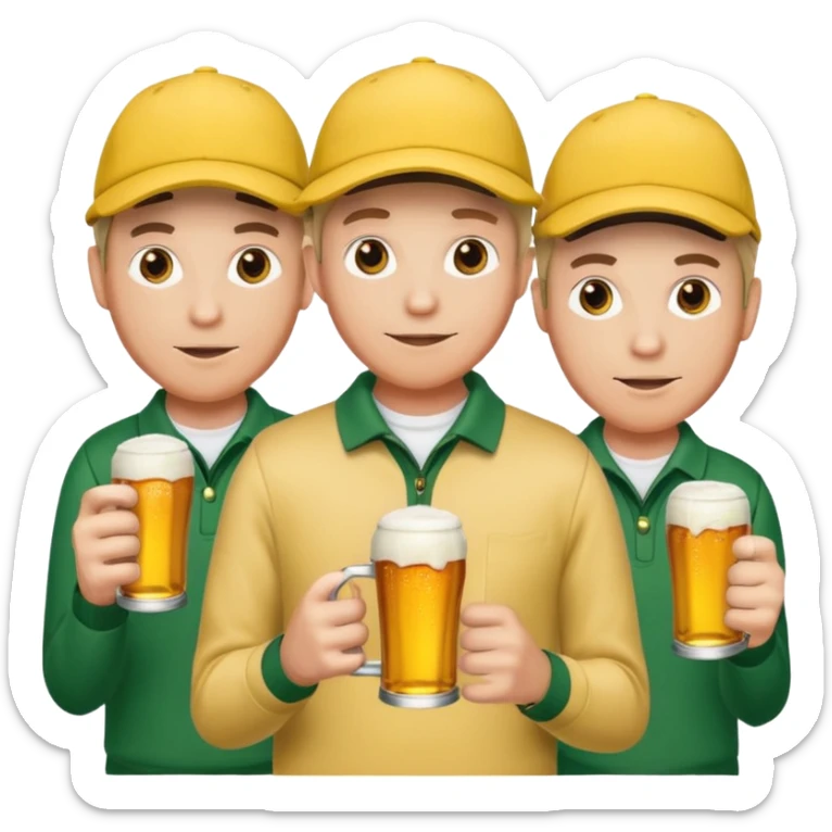 16 men on a golf trip wearing yellow golf caps all holding a beer can with a Xmas style label. Has to be 16 of them. sticker