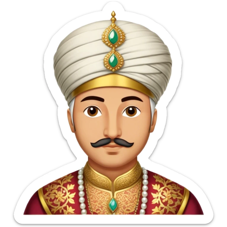 Suleiman the Magnificent – Cinematic Realistic Portrait of Suleiman the Magnificent, depicted as a regal Ottoman sultan in luxurious traditional attire with intricate patterns and a golden turban, his commanding gaze illuminated by warm, historic lighting, exuding majestic authority and timeless grandeur. sticker