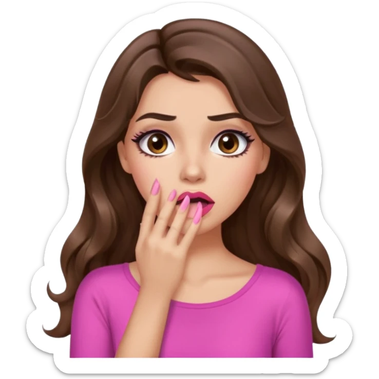 girl with long wavy brown hair, brown eyes, long lashes makeup, sexy pink lips, light to medium complexion, pink sexy top, shocked, hand covering mouth sticker