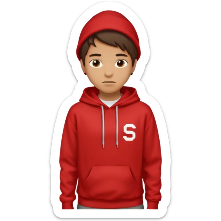 make me an emoji of an americain 19 yearold boy in a red hoodie that says "south" on it and give him with tan skin with his hands in his hands in his pocket not grining flexing his muscles sticker