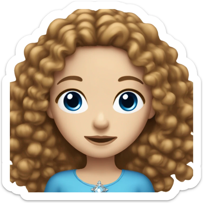 White girl with blue eyes and long brown curly hair wearing a crown sticker
