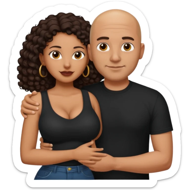 A picture of a tanned couple with the man's arm around her. the man is a Mexican man with tanned skin, a bald hair cut, short beard and wearing a black shirt. the woman is mixed, with long curly dark brown hair and with big boobs  sticker