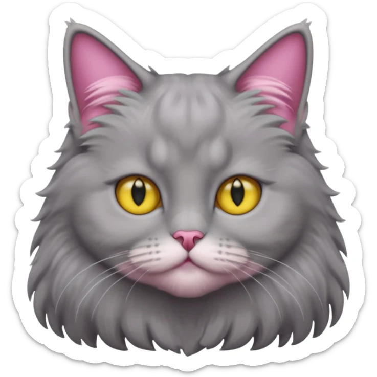 grey fluffy british long hair cat with yellow eyes straight fluffy hair rosa ears and grey rosa nose sticker