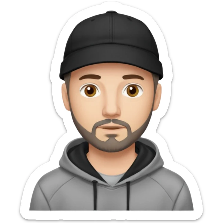 Hombre de ojos claros, con barba fina y perilla, gorra negra bordada, y sudadera gris. Expresión relajada y estilo urbano. sticker