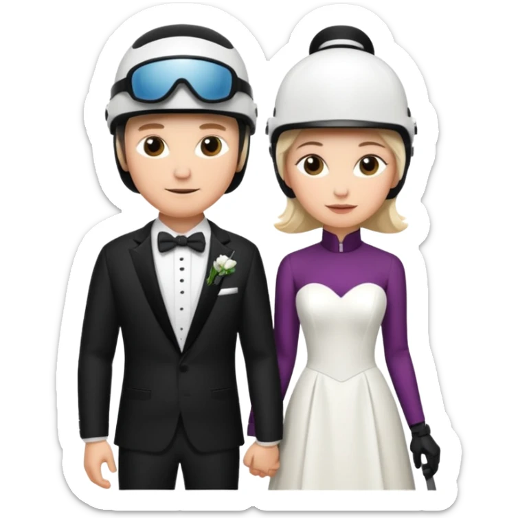 a recently marries couple skiing, ski helmet on in wedding dress and tux sticker