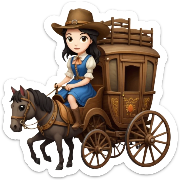  Rustic antique wood detailed 1854 pretty dark-haired Catgirl driving a huge horse-drawn stagecoach Caravan on a bumpy scary trail in the woods  sticker