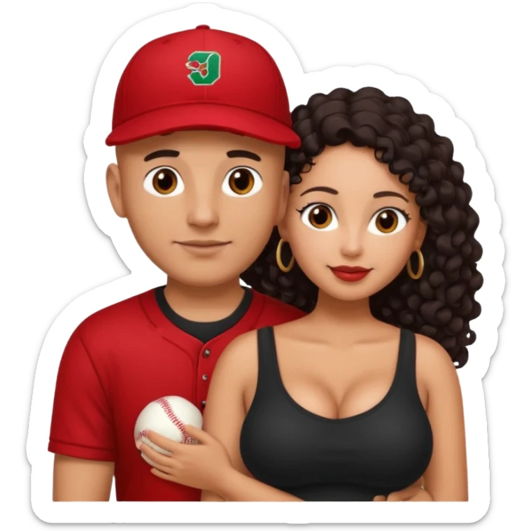 A picture of an embracing tanned couple. the man is a Mexican man with tanned skin, with a bald hair cut wearing a red baseball hat and wearing a black shirt. the woman is mixed, with glasses,  with long curly dark brown hair and with big boobs. Remove the glasses from the guy sticker
