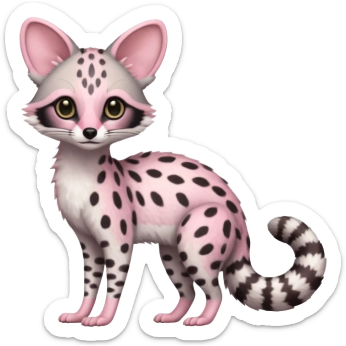 Pastel White with pastel Pink-spotted genet-Trico-Vernid-Cacomistl-Fakémon-hybrid-fusion-creature (full body) sticker