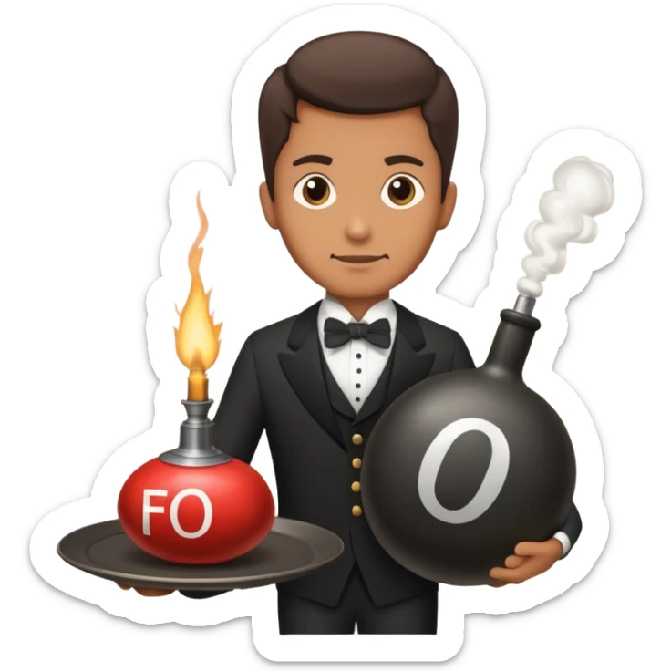 A butler holding an old-fashion bomb on a plater with the letters “FO” on the side sticker