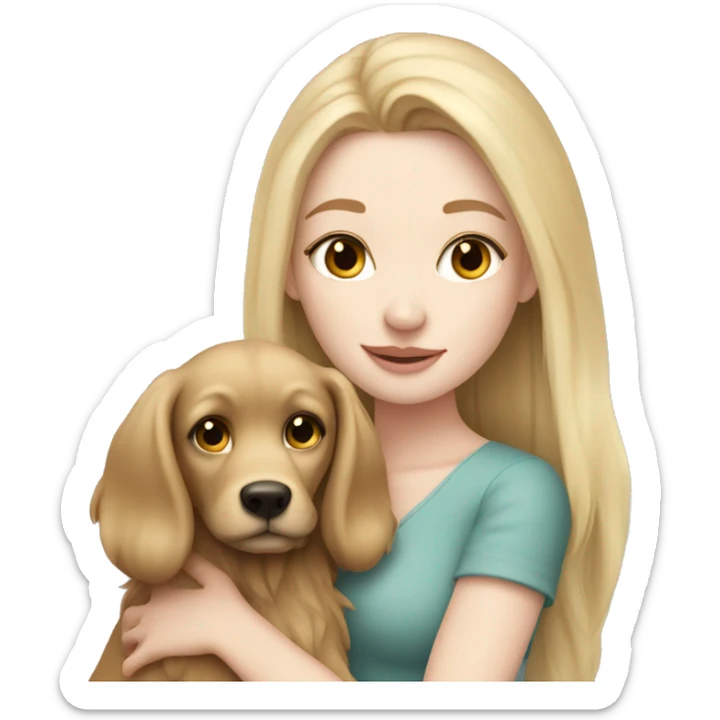 pretty woman with pale skin, very long blonde hair hugging a dog sticker