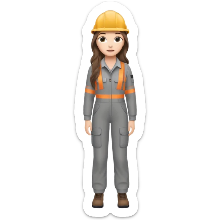 a young woman in a gray construction suit. Long brown hair down to her waist. Full-length. She has fair skin. Plucked lips. Eyelash extensions. sticker