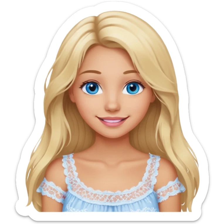 create an emoji of a young woman, tanned face, smile. she has an innocent natural look, very messy extremely long blonde hair, blueeyes, natural soft pink lips. she wears a very loose very white lacy top sticker