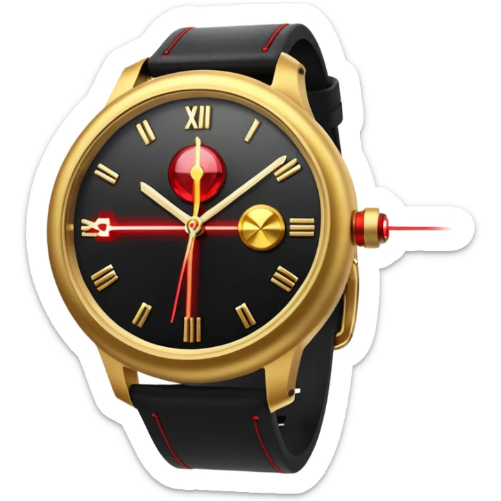 3D render of Laser Watch, secret agent spy gear aesthetic, hidden mechanisms, gold luxury wristwatch emitting a tiny red laser beam, sleek tactical texture, Apple emoji style, isolated on white background --v 6.0. sticker